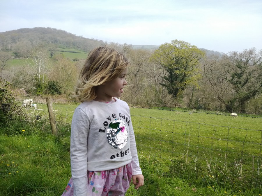 Child weraing a t-shirt that reads 'Love each other' standing in field in front of sheep and mountains