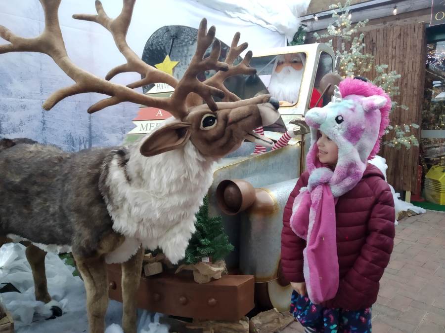 Child with a giant toy reindeer